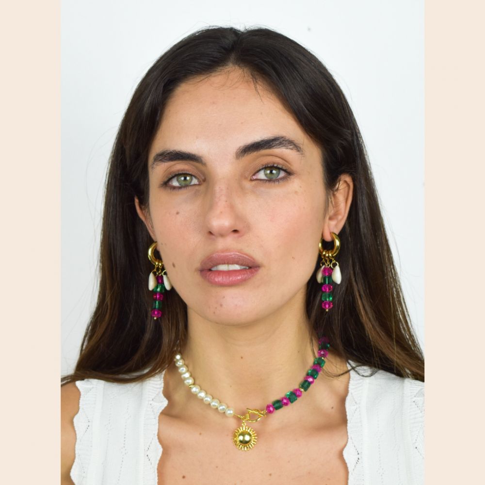 THE SHELL DEALER Boucles d'oreilles Mono Émeraude fuchsia – Image 2
