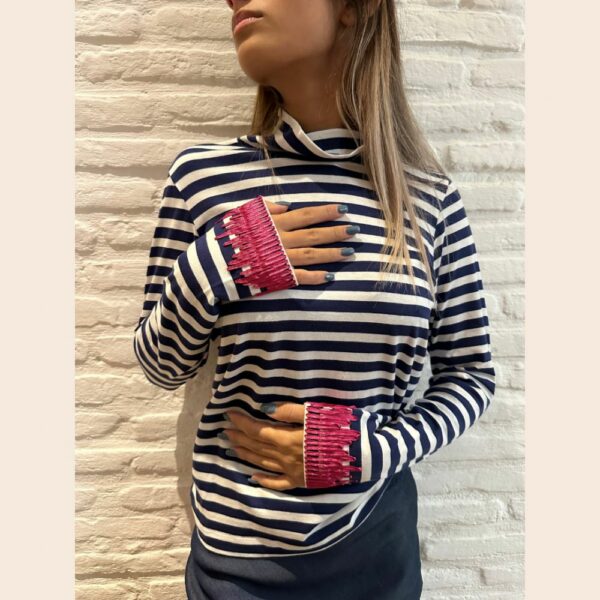 DEDIKATE Top Marinière Col Roulé Fuchsia